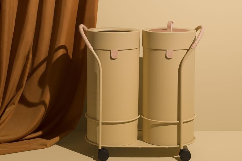 Waste management the elegant way   Bin There is the elegant and mobile way to handle waste at the office. Two cylindrical containers are placed on a metal tray, gracefully held in place by a thin metal frame. The bins are available in three heights and the trolley in two sizes, Small and Large. Handles and containers both have crafted details in natural tanned leather from Tärnsjö and wooden lids.