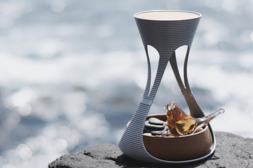 Arya (Portable - Metal version with a glass bird inside a wooden bowl against the sea behind)