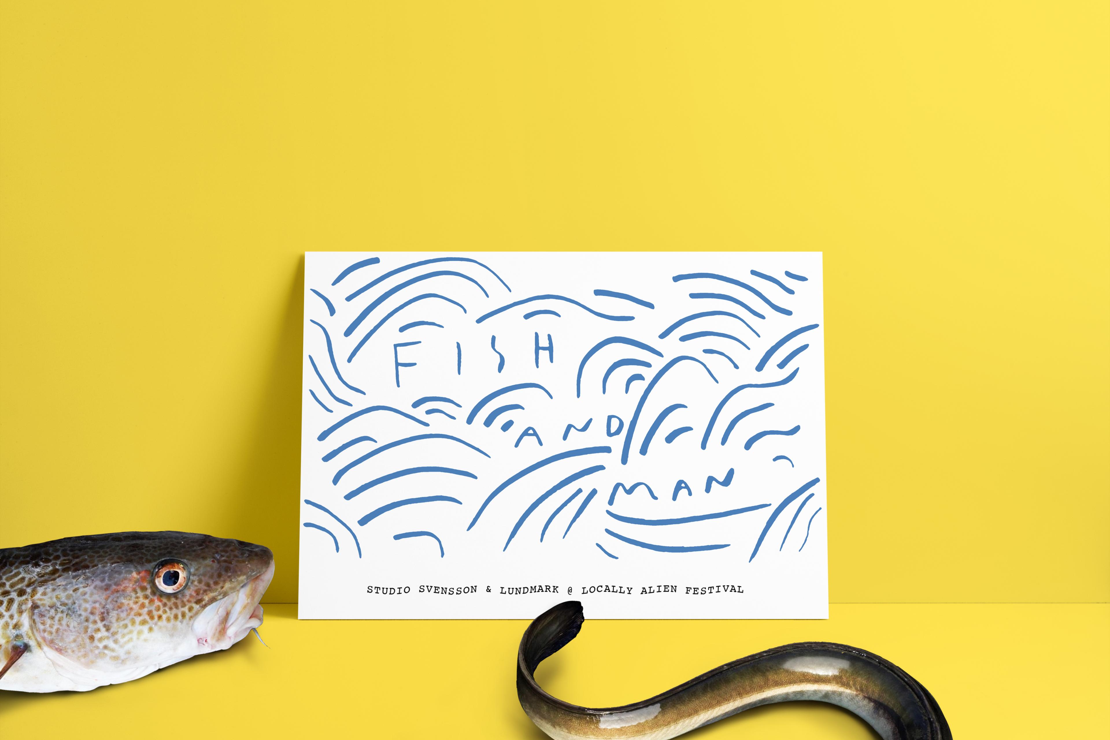 Eel on a yellow background, a card in the center reads “Fish and Man”